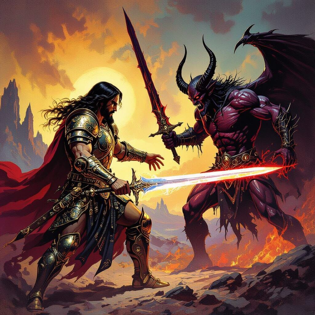 Jesus Battles Satan in Apocalyptic Landscape