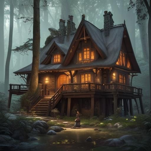 Forest Cottage with Woman: Detailed Matte Painting