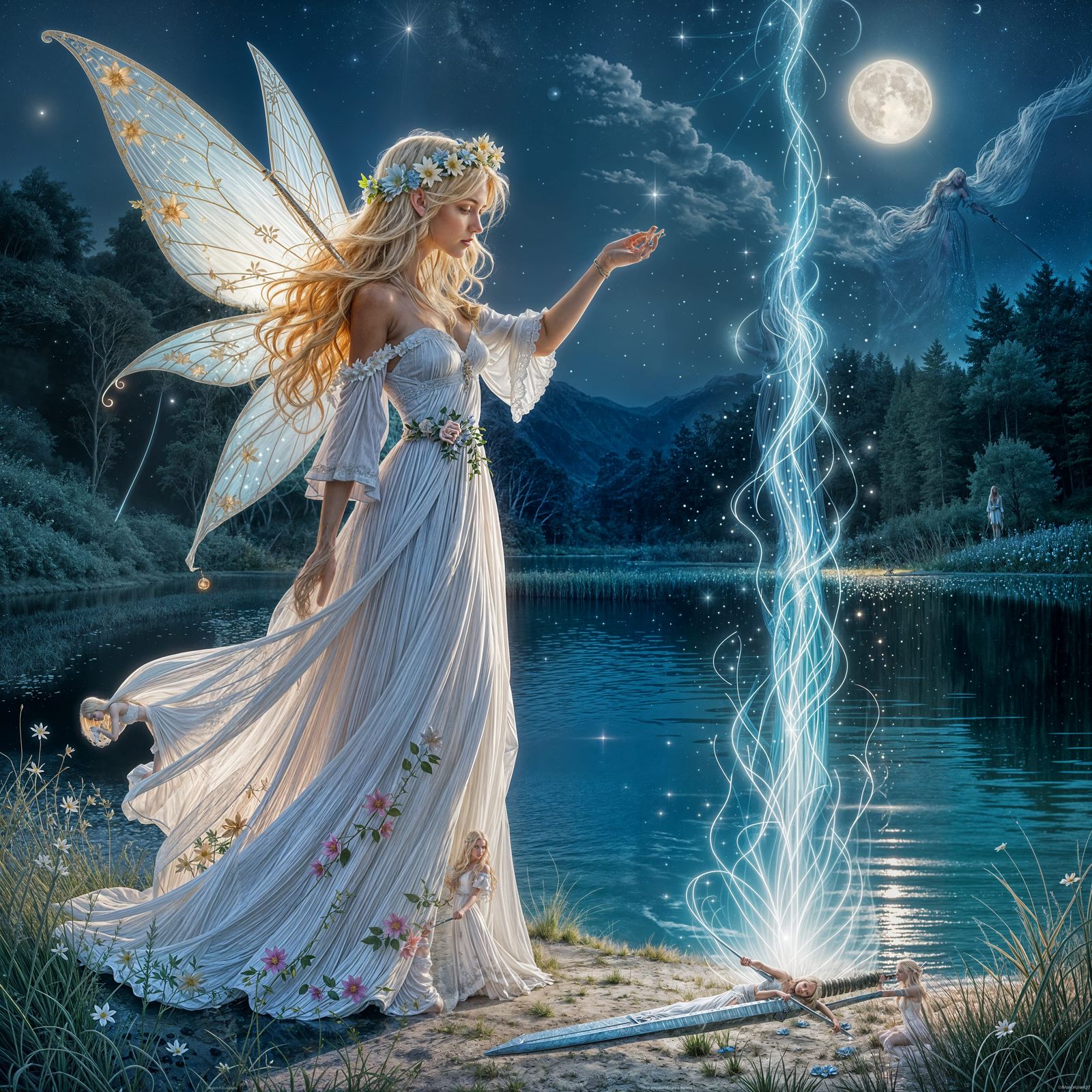 Blonde Fairy Waves Wand Under Moonlight