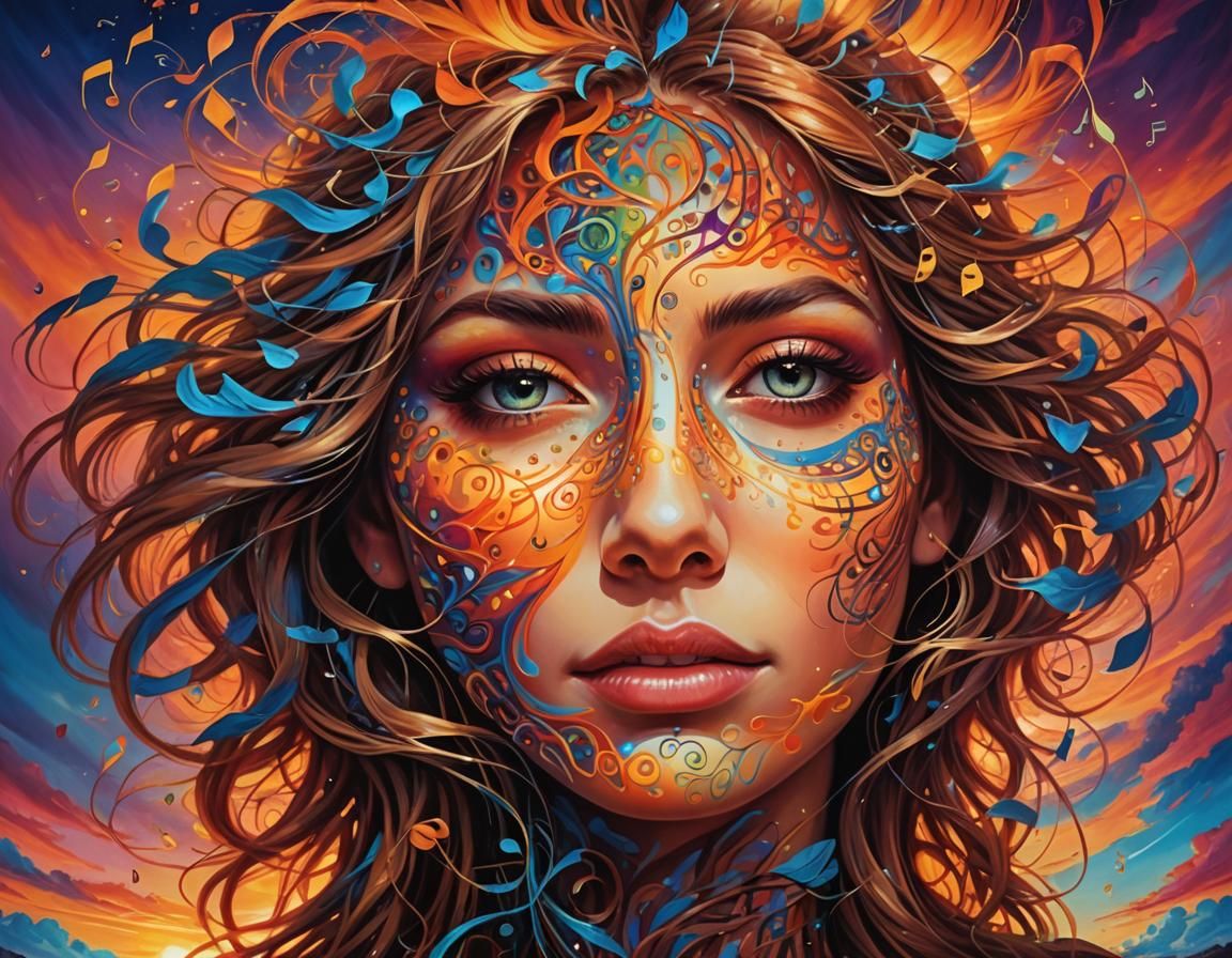 Surreal Face Emerges from Sunset with Musical Hair