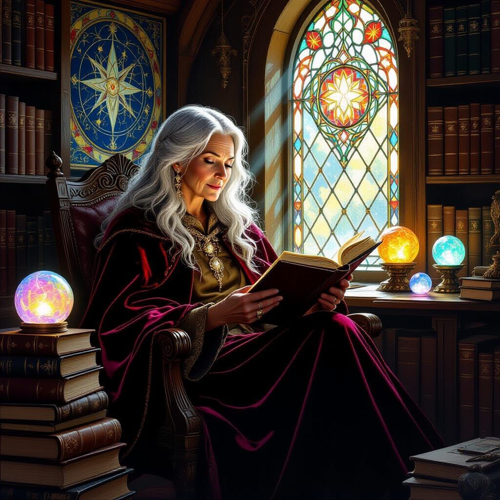 Cozy Reading Den with Wise Woman and Mystical Orbs