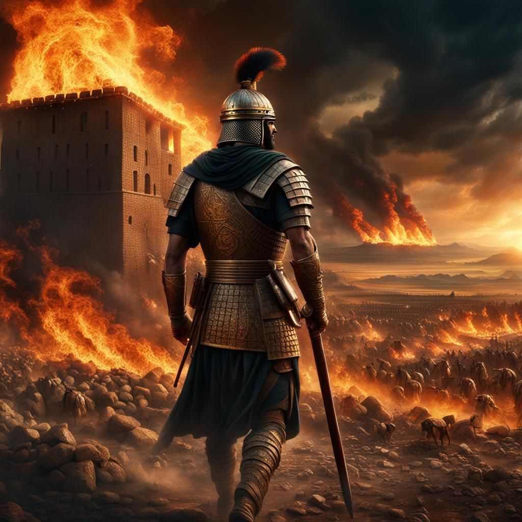 Babylonian Soldier Amidst Burning Farms: Digital Matte Paint...