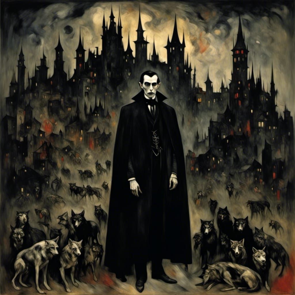 Dracula Portrait in Castle with Wolves