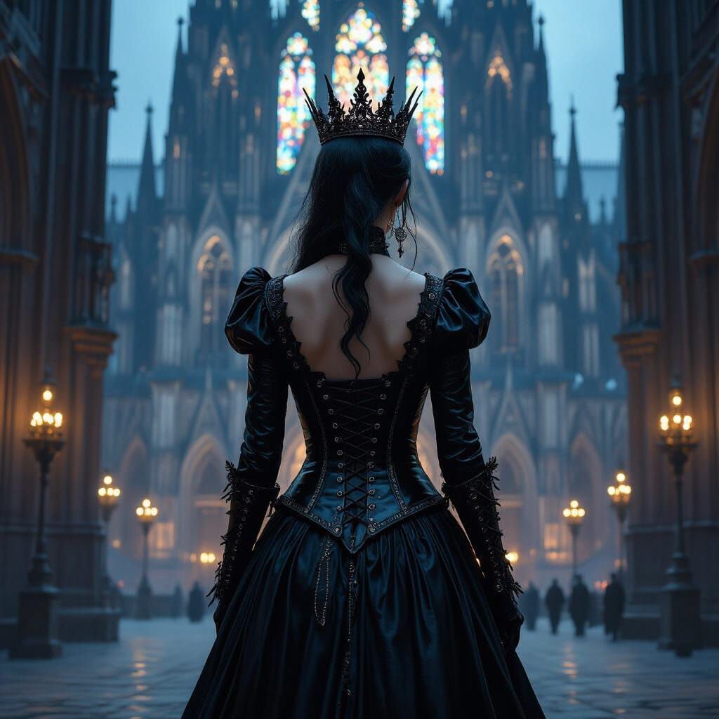 Goth Queen at Cologne Cathedral in Dark Mystical Style