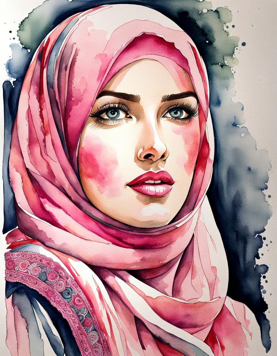 Beautiful Woman in Pink Hijab, Watercolor Art