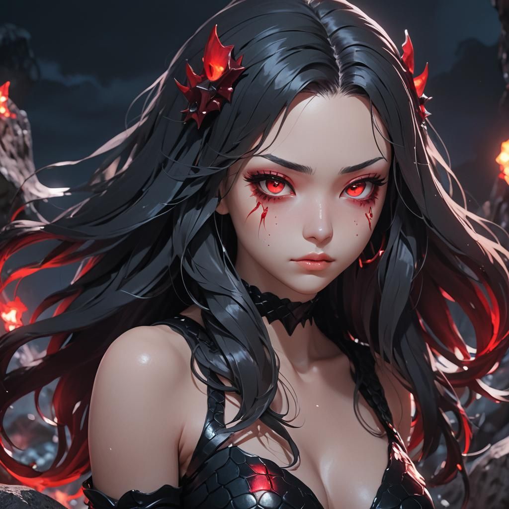 Anime Mermaid with Red Eyes in Neon Lighting