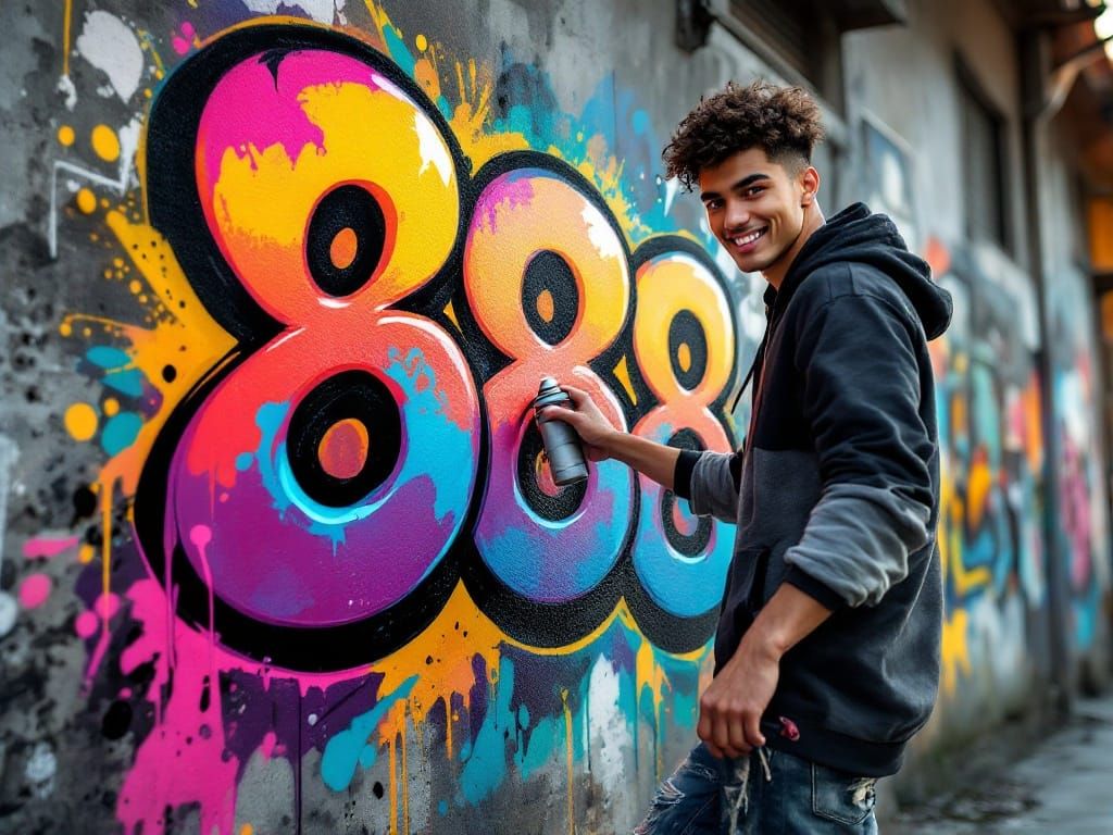 Street Artist in Action, Wearing Graffiti-Inspired Urban Fas...
