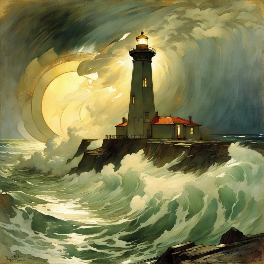 Lighthouse Shines in Storm, Art Nouveau Style
