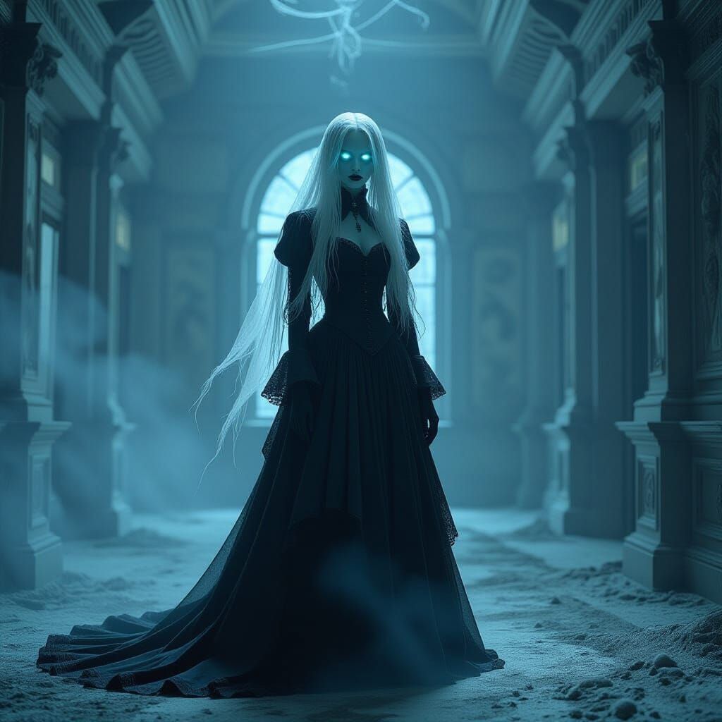 Ghostly Victorian Figure in Decaying Ballroom