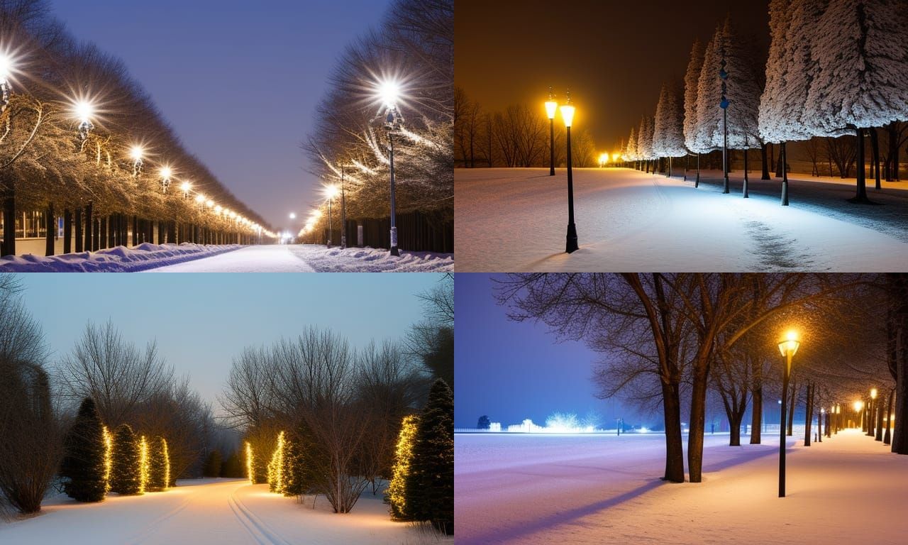 Eerie Winter Path in Park Bathed in Sodium Light