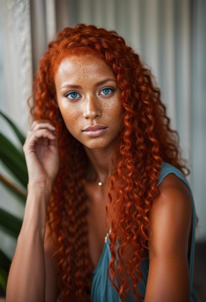 Freckled Biracial Redhead with Blue Eyes: HD Portrait