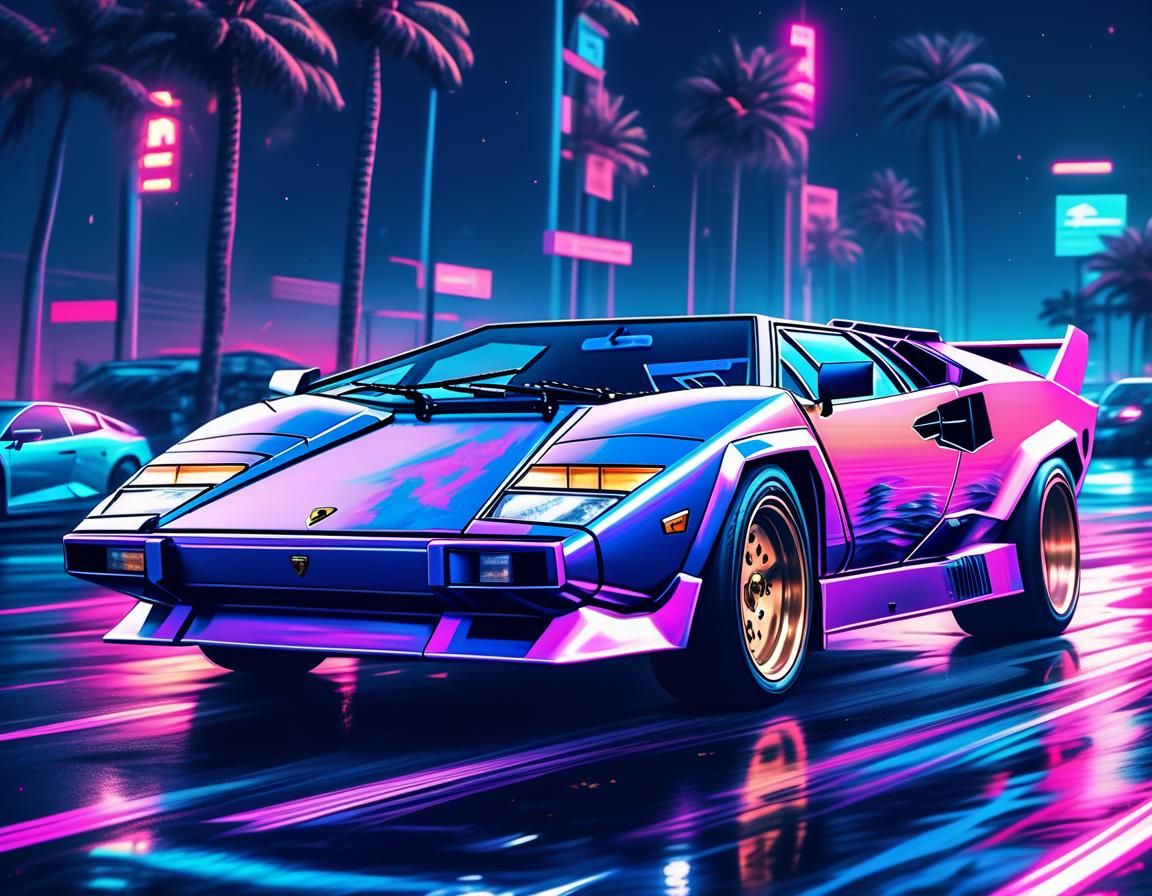 Lamborghini Countach at Night in Vaporwave Style