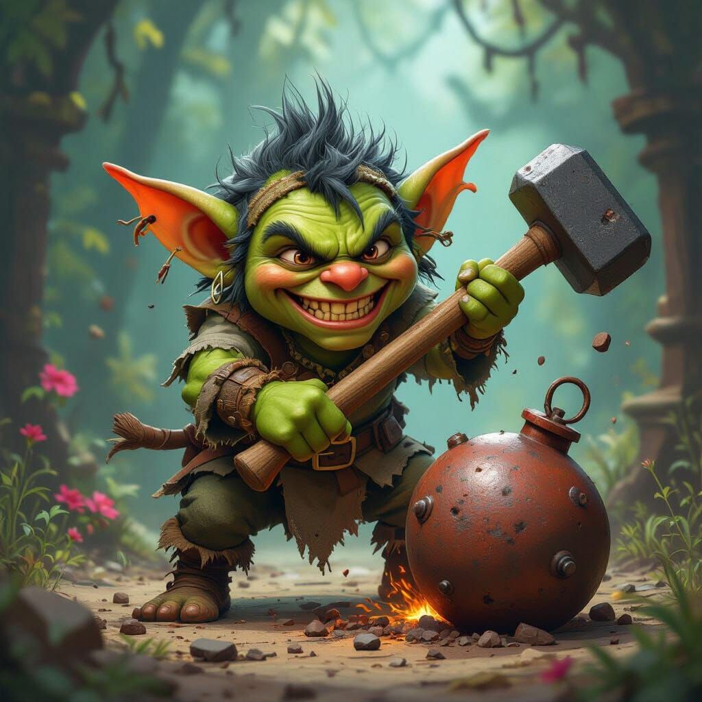 Cartoon Goblin Hammering Bomb in Fantasy Matte Painting Styl...