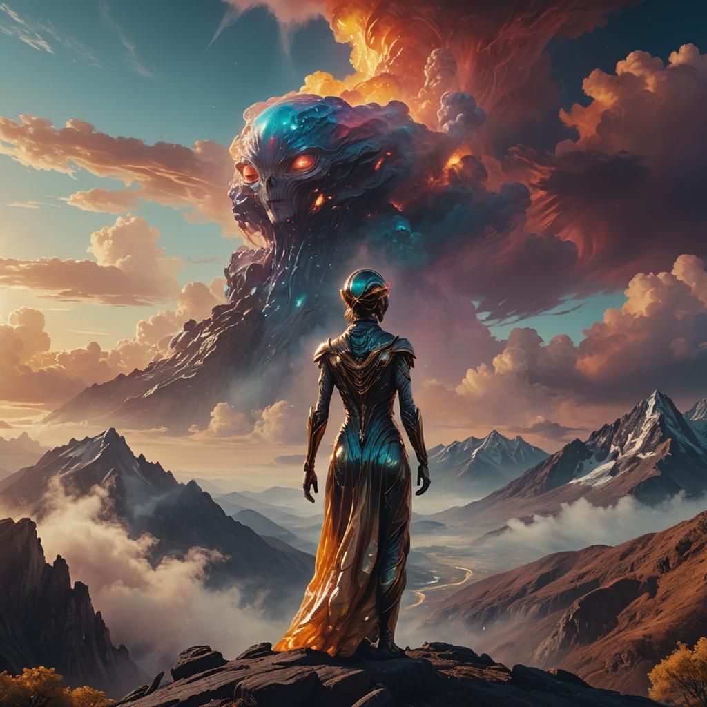 Glowing Alien Woman on Mountain in Oil Painting Style