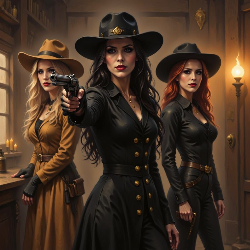 Three Cowgirls Play Poker in Old West Saloon
