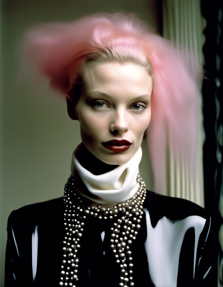 Modern Couture Woman in Cafe: Photorealistic Portrait