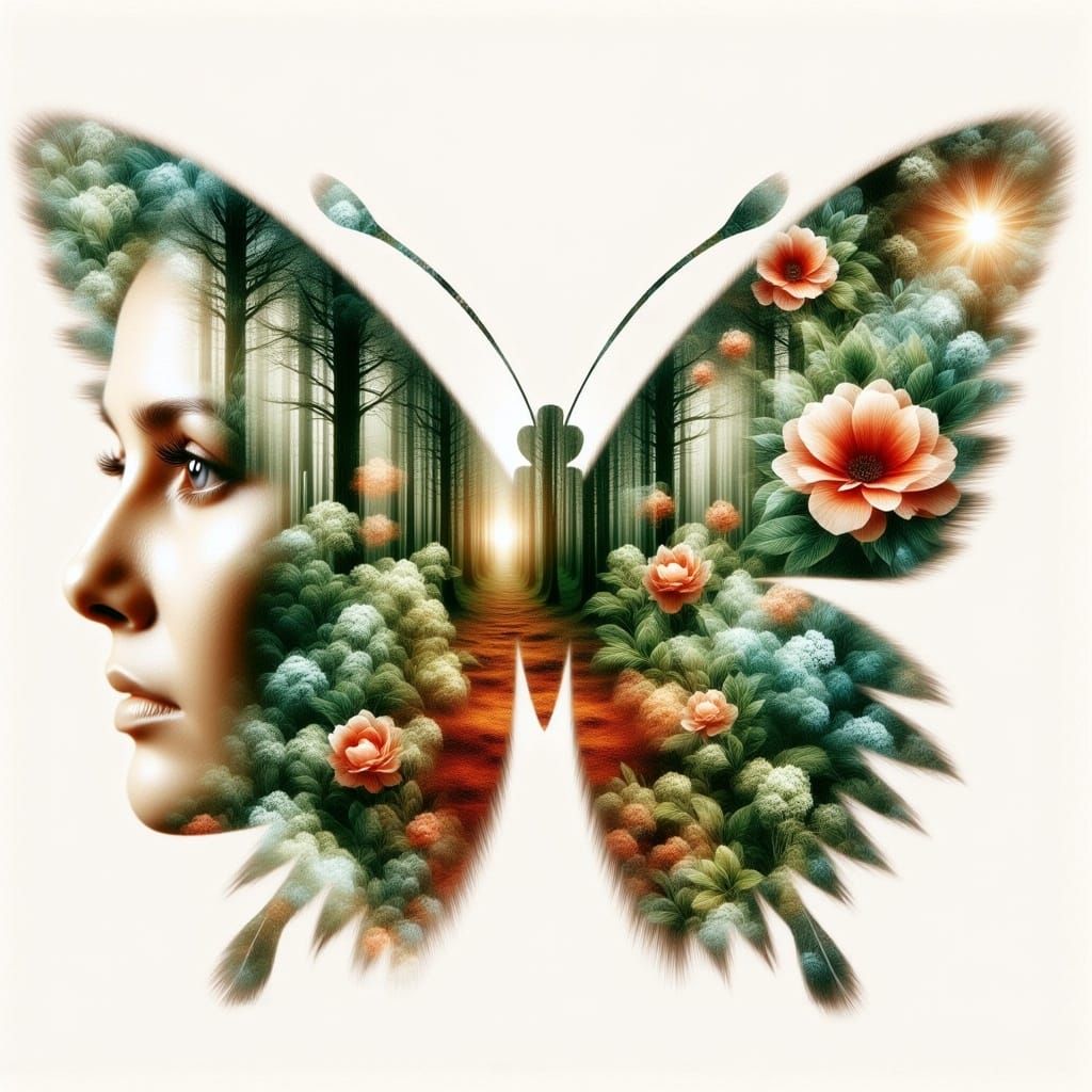Whimsical Double Exposure Butterfly in Dreamy Art Nouveau St...