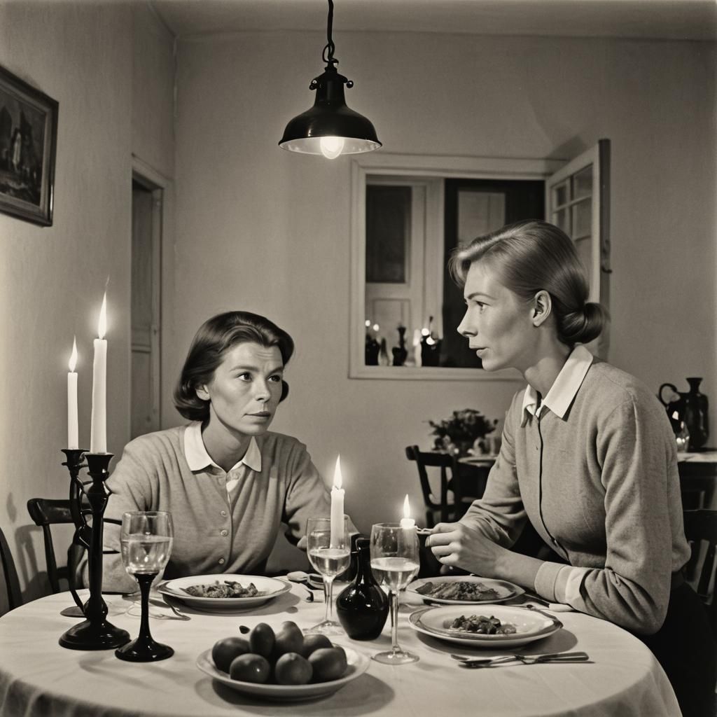 Intimate Candlelit Dinner Illustration in Tove Jansson Style