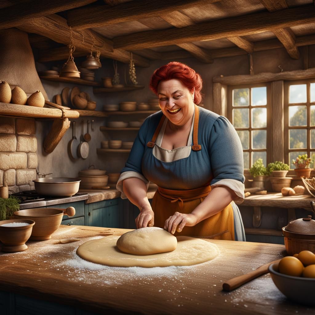 Cheerful Woman Rolls Dough: Fantasy Concept Art