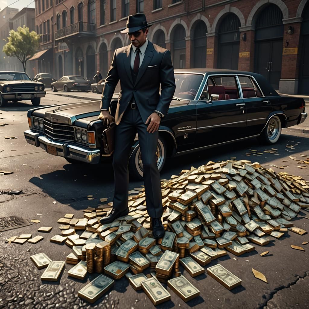 Mafia Member Overwhelmed with Money in 3D Cinematic Style