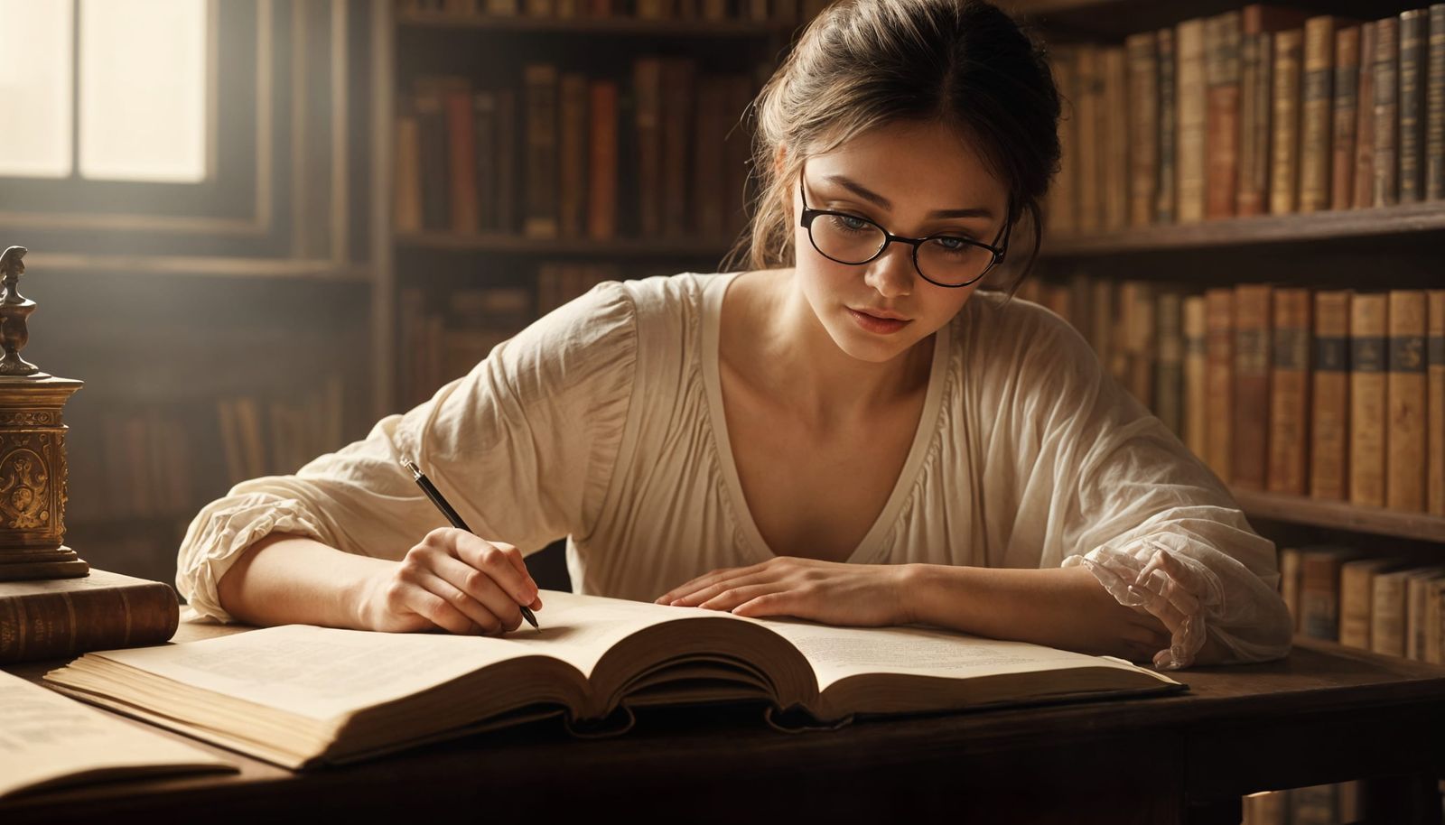 Serene Librarian in Soft Focus, Inspired by Pre-Raphaelite A...