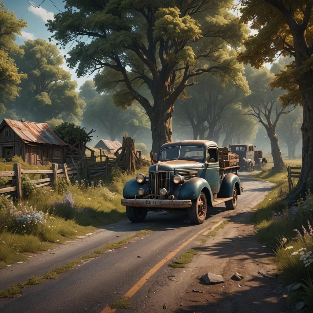 Old Truck on Country Road: Matte Painting