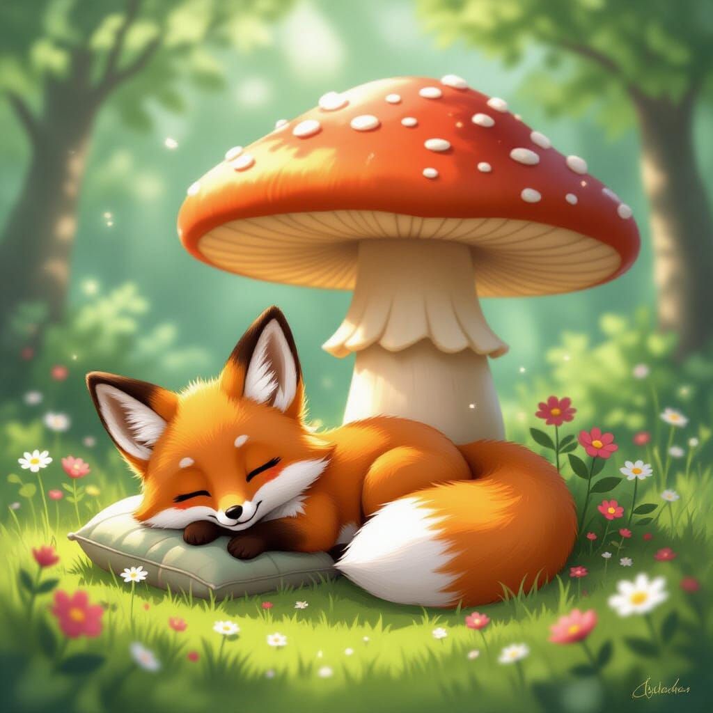 Chibi Fox Napping Under Mushroom in Anime Style