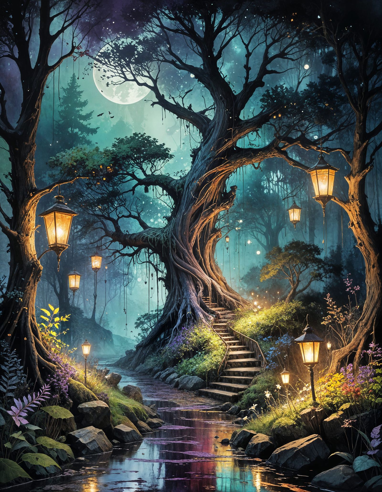 Dreamlike Forest Path in Vibrant Wet-on-Wet Watercolor Style