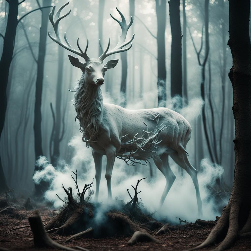 Ethereal Deer Sculpture in Forest Mist