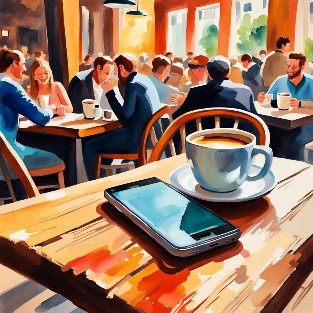 Crowded Cafe Table in Watercolor Gouache Style