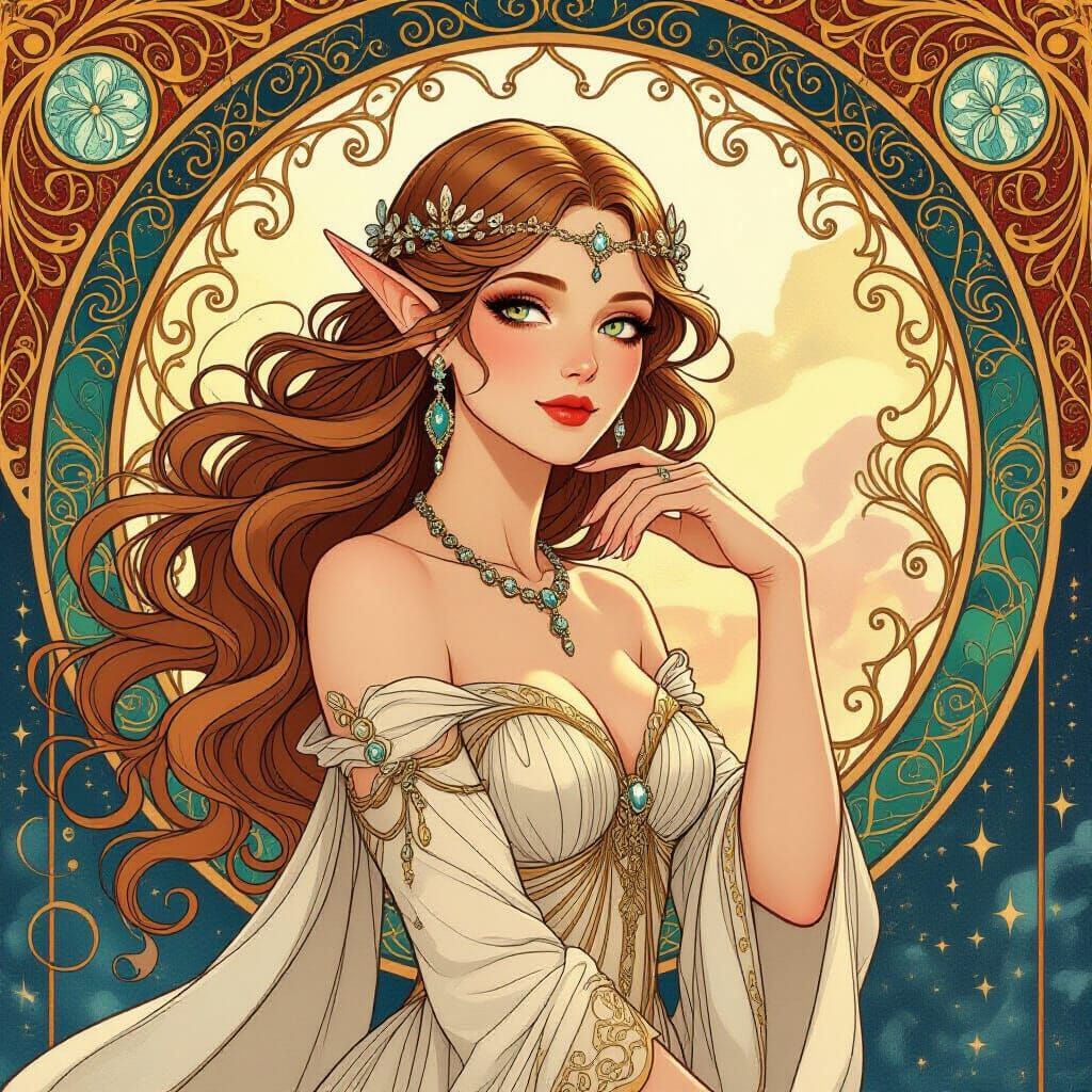Elegant Elf Woman in Art Nouveau Celestial Fashion