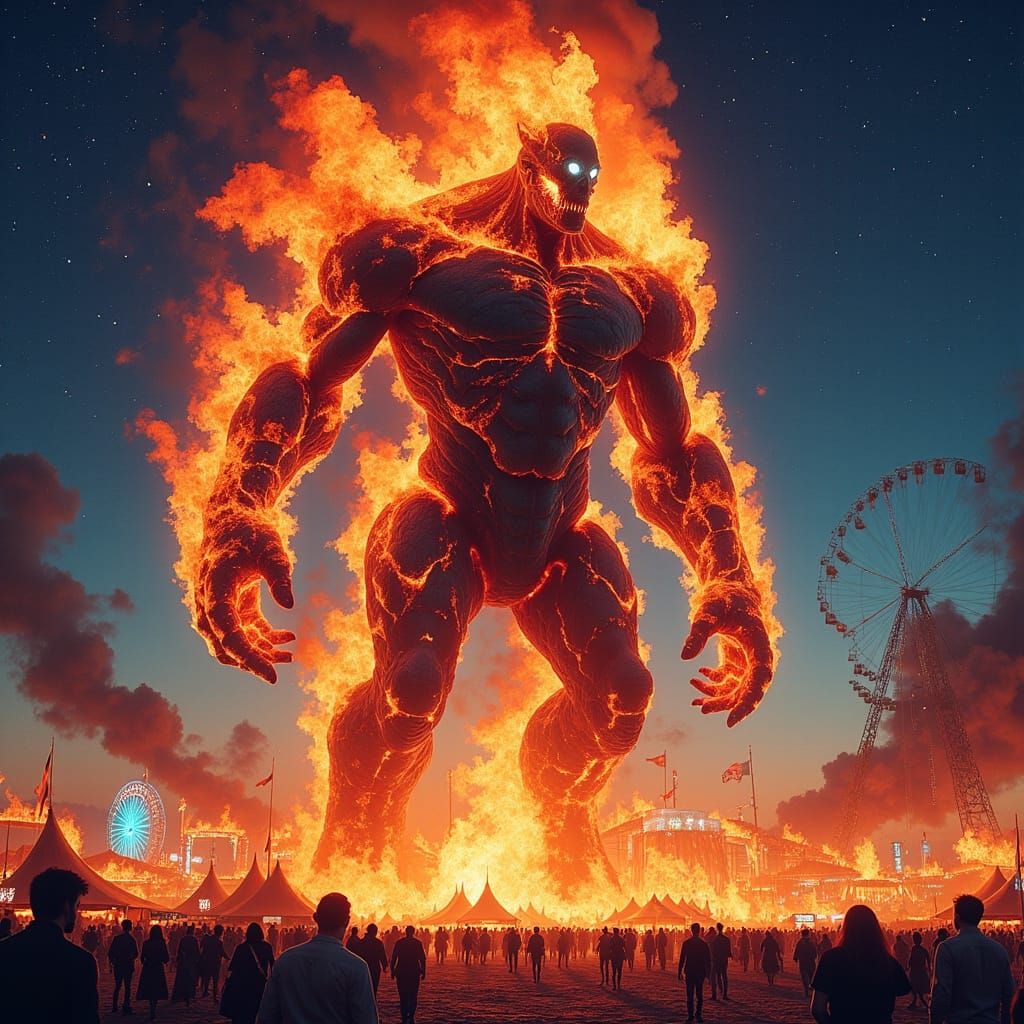 Flaming Colossus Emerges at Night Festival