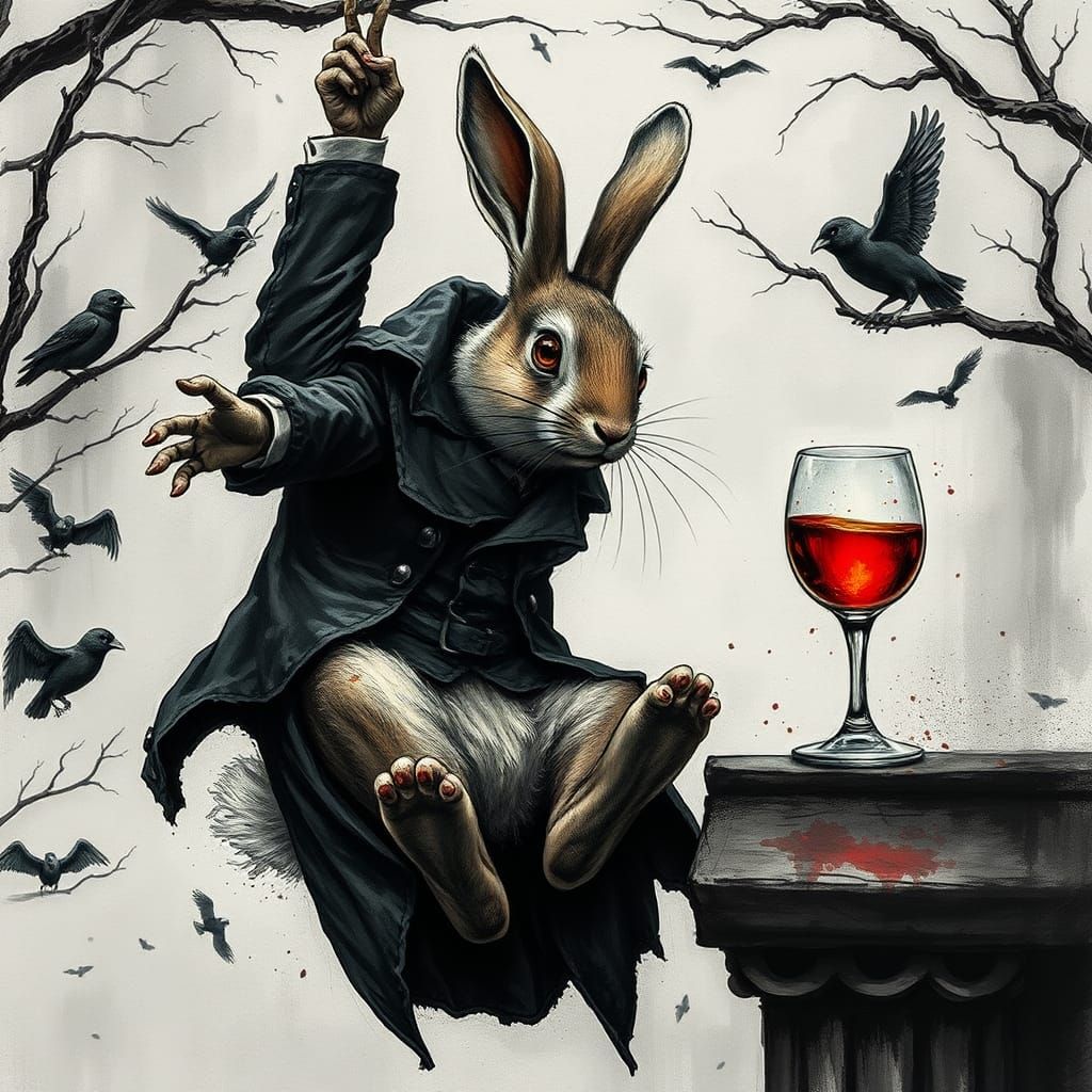 Ominous Rabbit in Victorian Coat, Ink Splatter Art