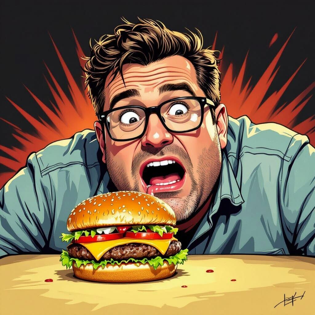 Man in Glasses Gazes at Burger with Drool, Rembrandt Lightin...