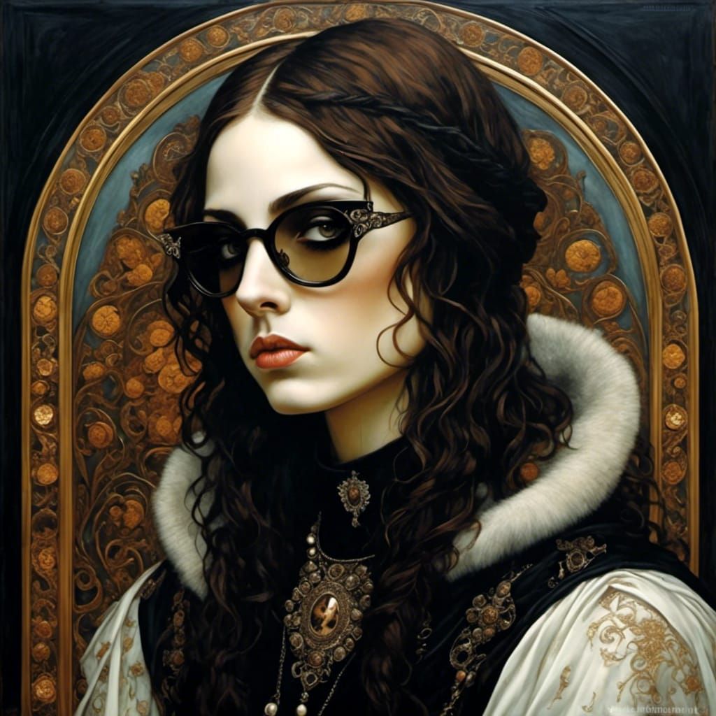 Mournful Goth Madonna with Brown Hair and Glasses