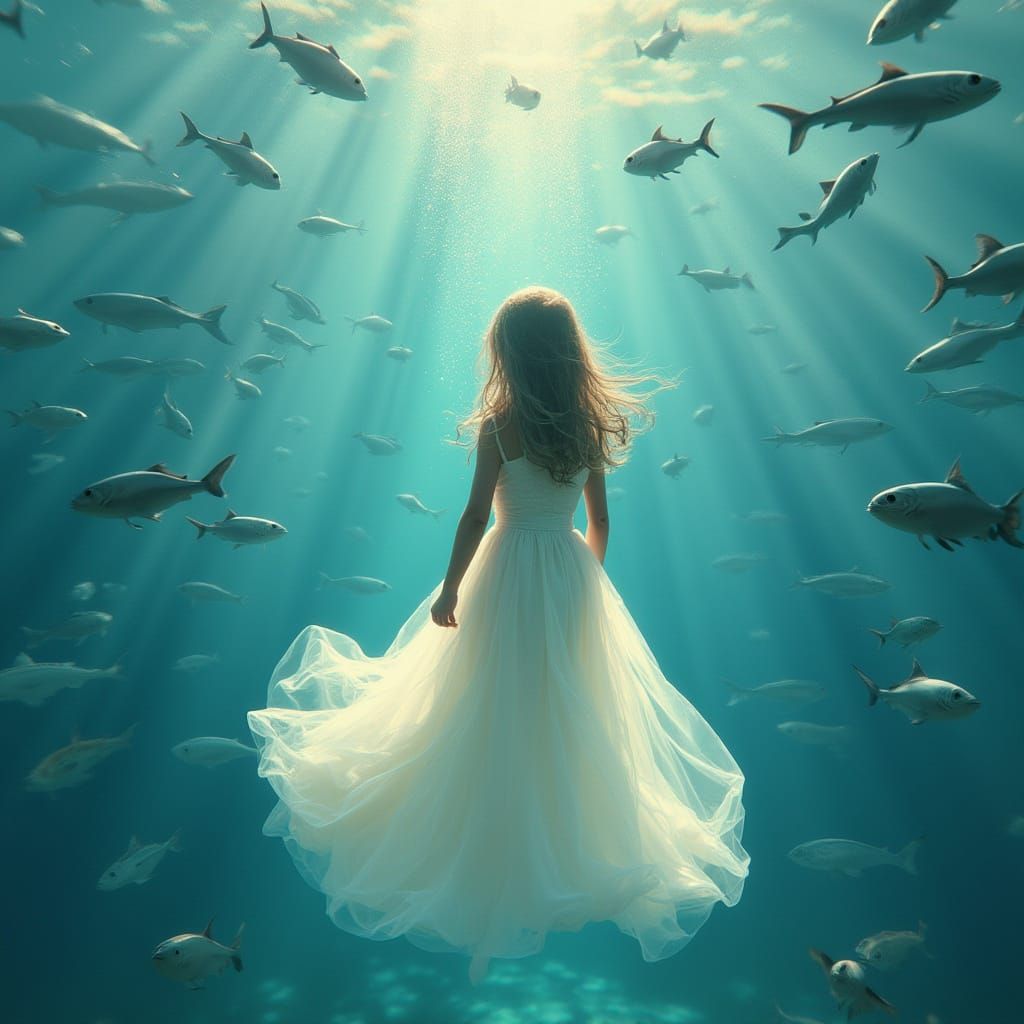 Underwater Girl Surrounded by Sparkling Fish