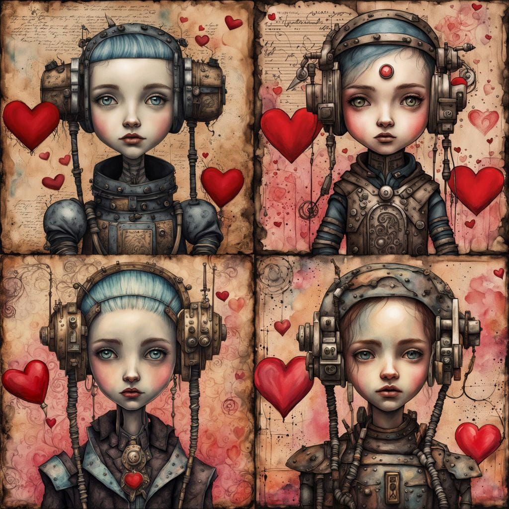 Whimsical Cyberpunk Valentine in Pastel Watercolor Style
