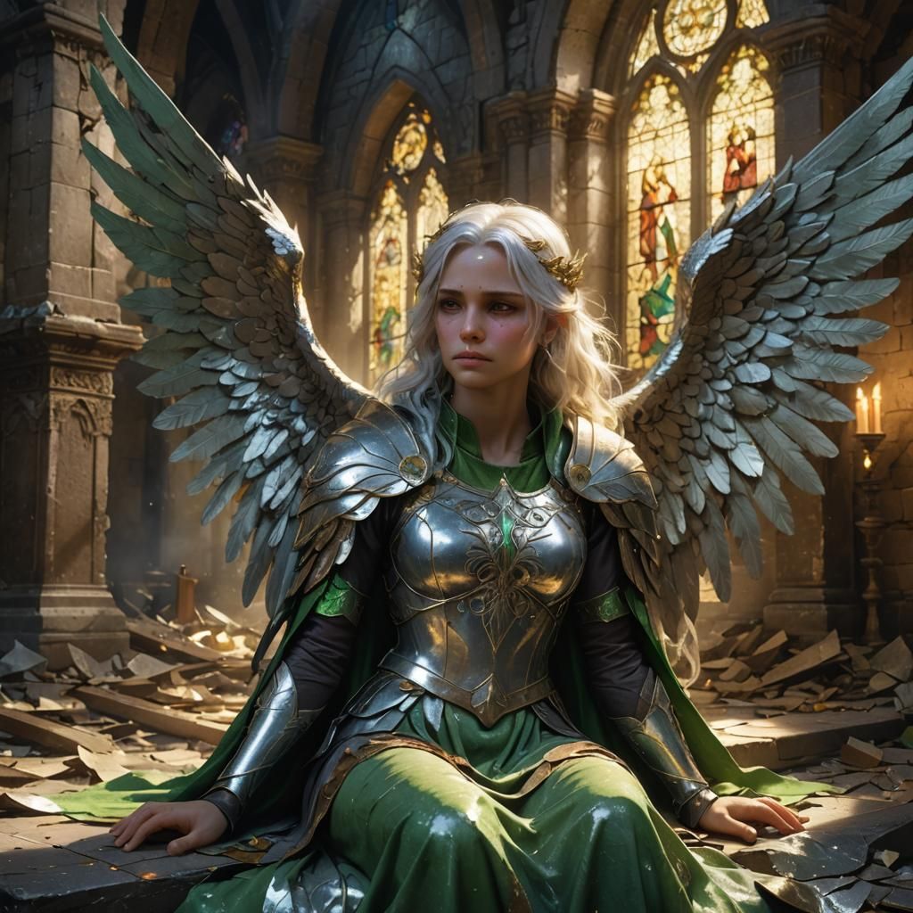Fallen Aasimar in Ruined Chapel: Fantasy Art