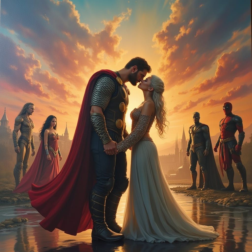 Mythic Lovers Embrace Before Heavenly Cathedral at Sunset