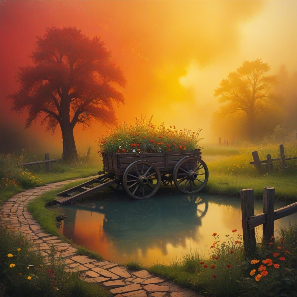 Surreal Landscape with Wagon Amidst Vibrant Floral Abundance