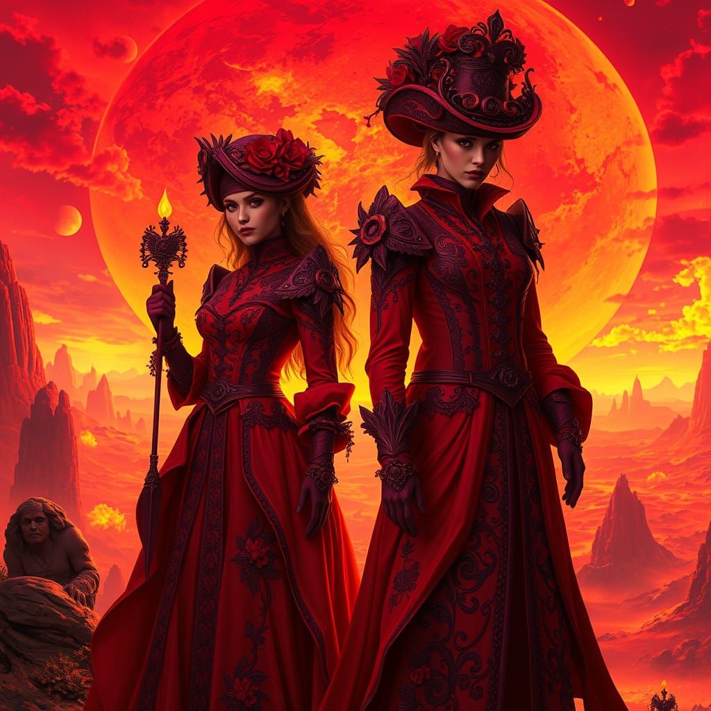 Fire-Red Victorian Figures on Blazing Planet