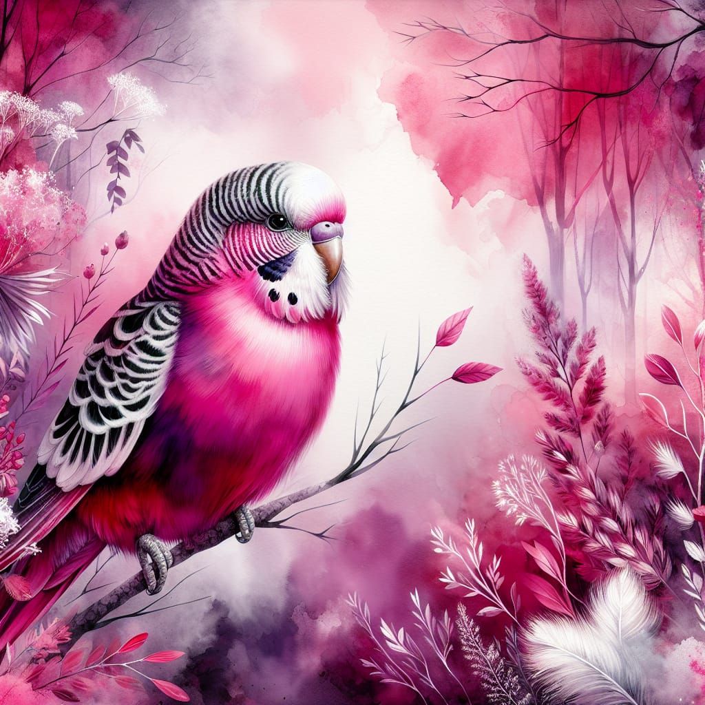 Pink Budgerigar in Dreamy Forest, Watercolor Style