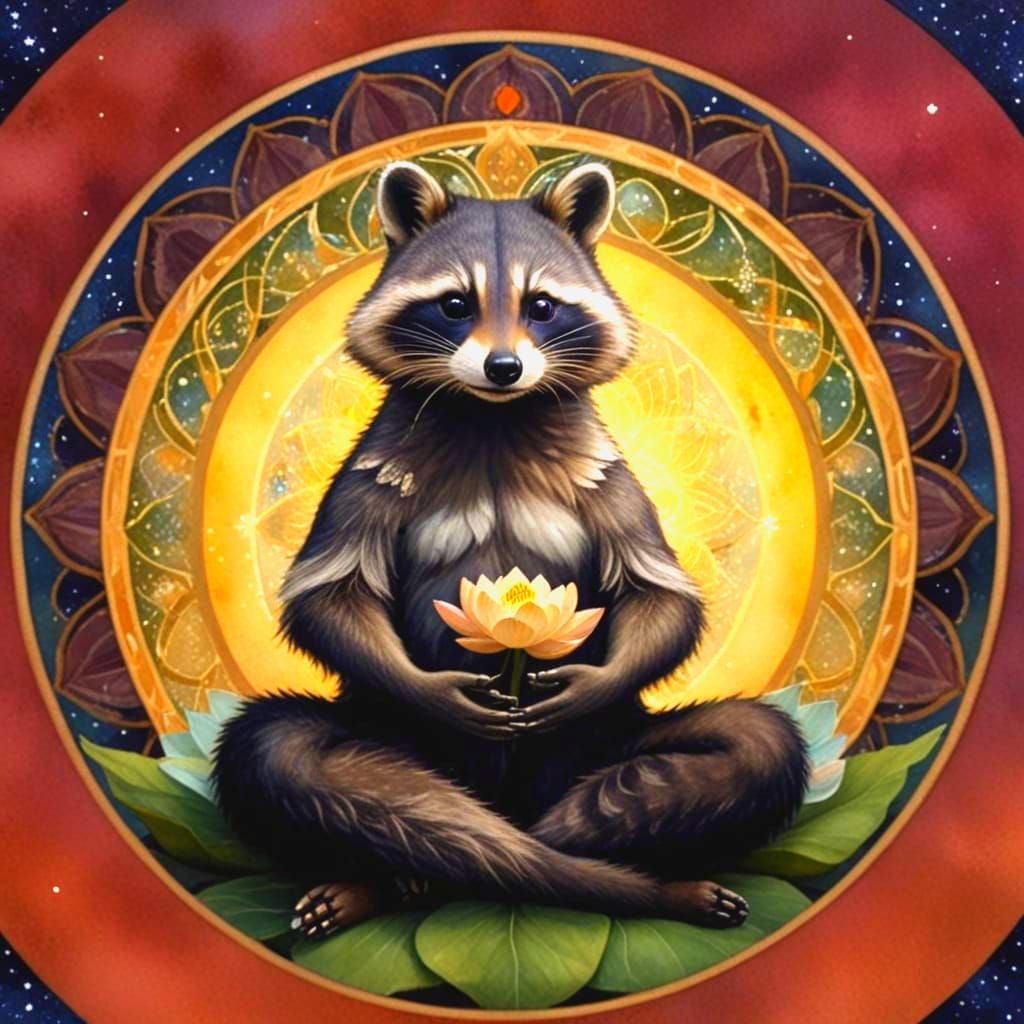 Racoon Sage Meditating: Hyperrealist Watercolor Art