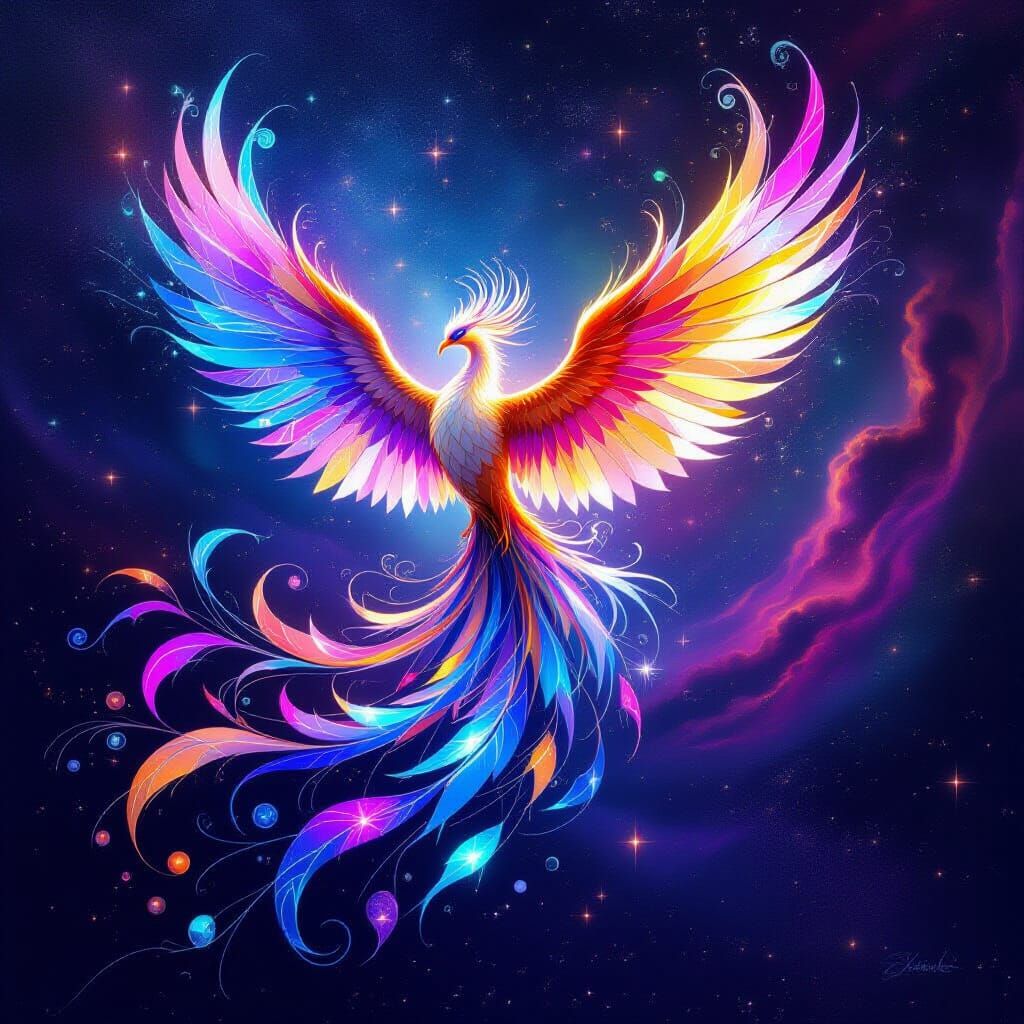 Iridescent Glass Phoenix Soars Through Cosmic Nebula