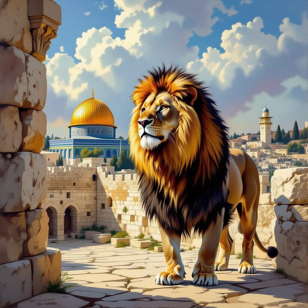 Majestic Lion Guards Ancient Jerusalem Landmark