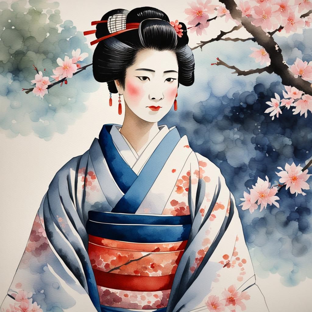 Serene Geisha in Tranquil Garden, Ukiyo-e Style