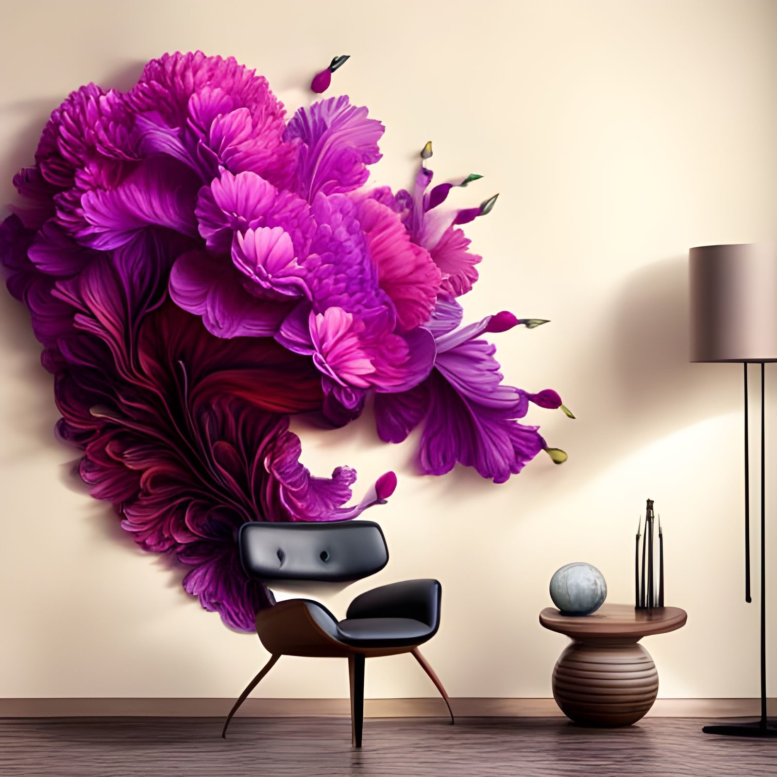 Ornate Nautilus Shell with Purple Floral Display