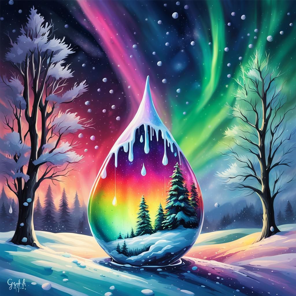 Aurora Borealis Winter Landscape in Raindrop: Graffiti Art
