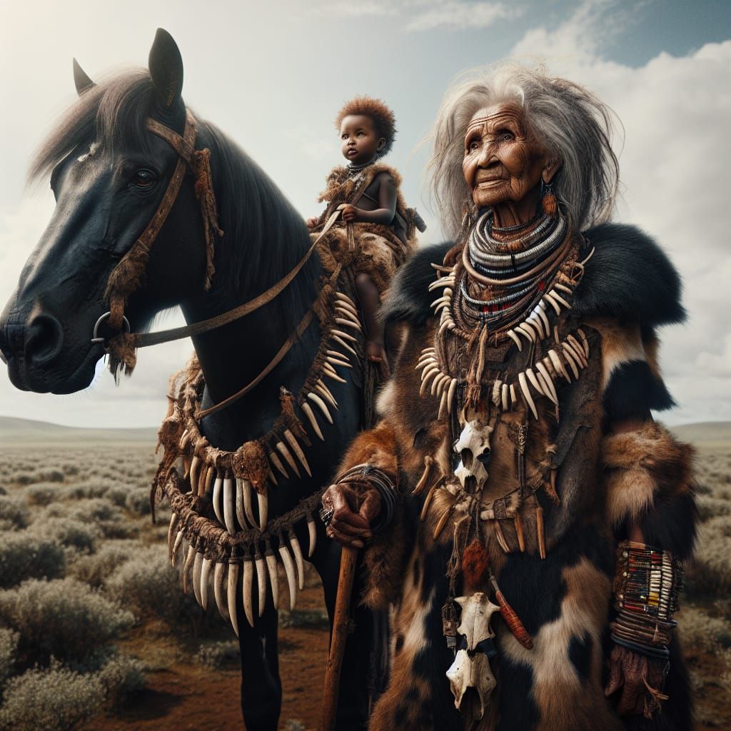 Elderly Woman and Child on Horse in Savanna