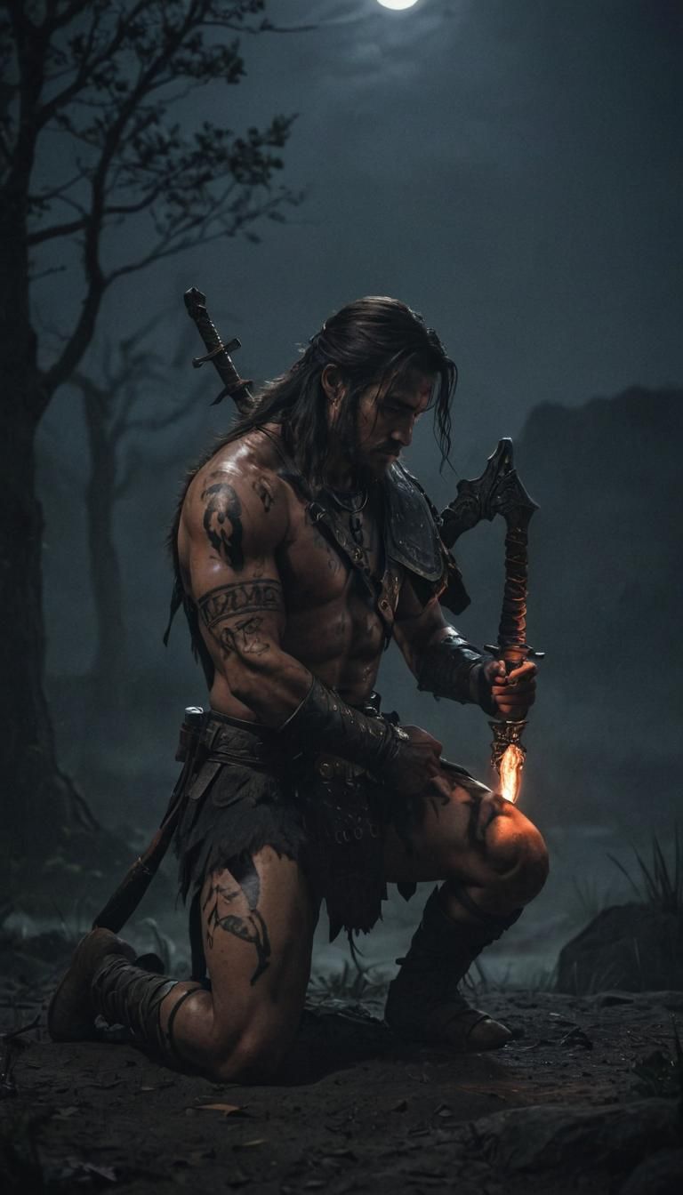 Warrior Kneeling in Moonlight with Fiery Mark